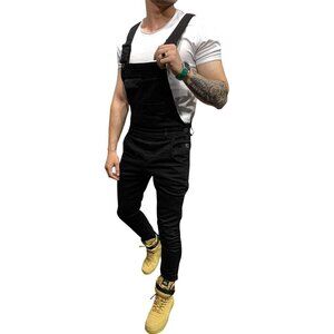 New LONGBIDA Men's Denim Bib Overalls Fashion Slim Fit Jumpsuit with Pockets 2XL